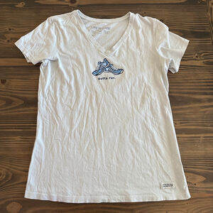 Women’s Life is Good White Running Shoes Graphic Tee M Casual Active